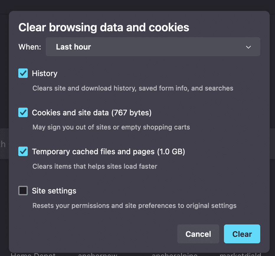 Firefox browser 'Clear browsing data and cookies panel'